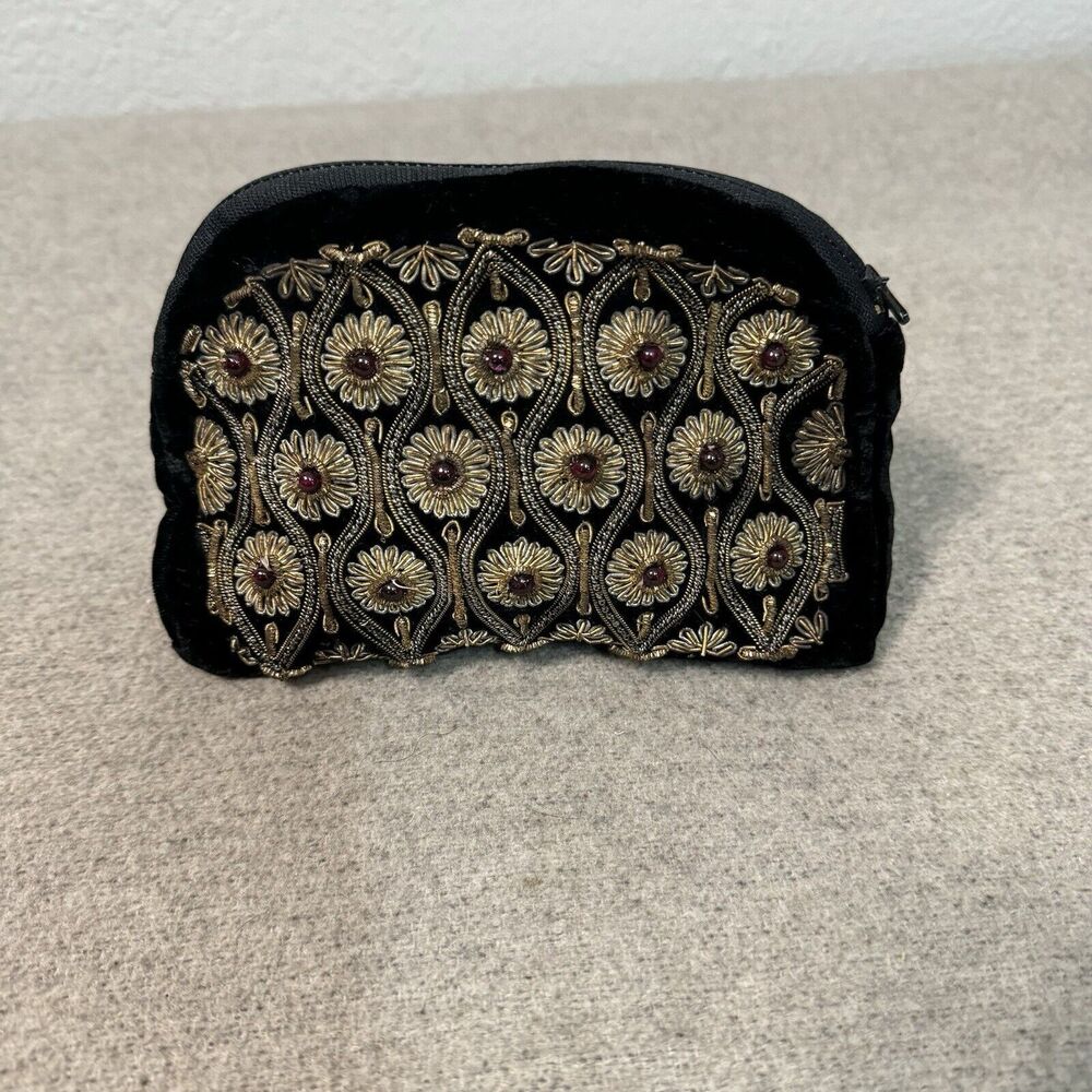 Vintage Sudha Bag Black Velvet Beaded Evening Clutch Zip Closure 7.5x5 Elegant